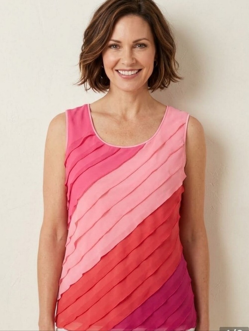 Coldwater Creek Pink Sleeveless Ruffled Diagonal Stripe Tank Top Size XL 16